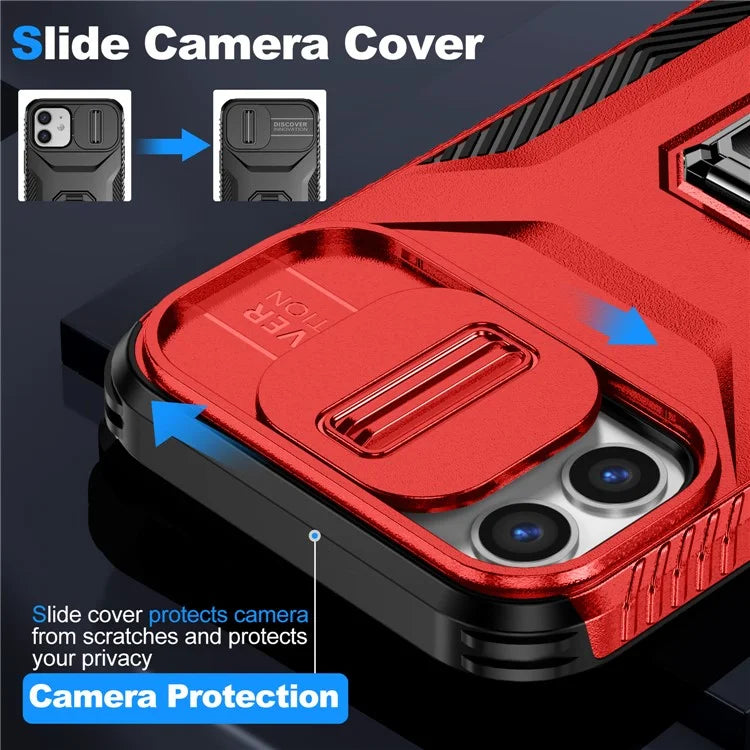Anti-fall Phone Case for iPhone 12 6.1 inch / 12 Pro 6.1 inch Shell Rotate Kickstand Slide Lens Window Cover