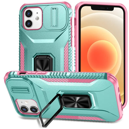Anti-fall Phone Case for iPhone 12 6.1 inch / 12 Pro 6.1 inch Shell Rotate Kickstand Slide Lens Window Cover