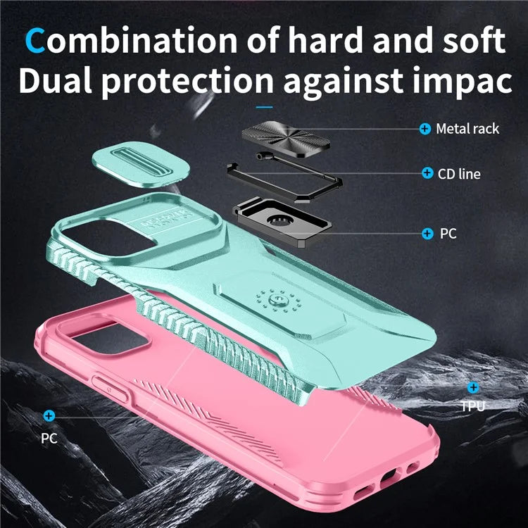Anti-fall Phone Case for iPhone 12 6.1 inch / 12 Pro 6.1 inch Shell Rotate Kickstand Slide Lens Window Cover