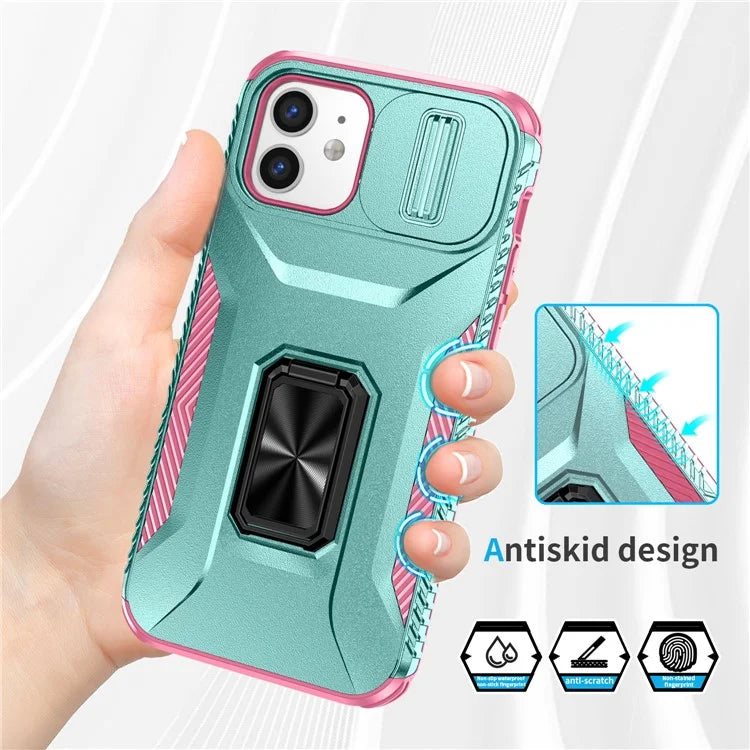 Anti-fall Phone Case for iPhone 12 6.1 inch / 12 Pro 6.1 inch Shell Rotate Kickstand Slide Lens Window Cover