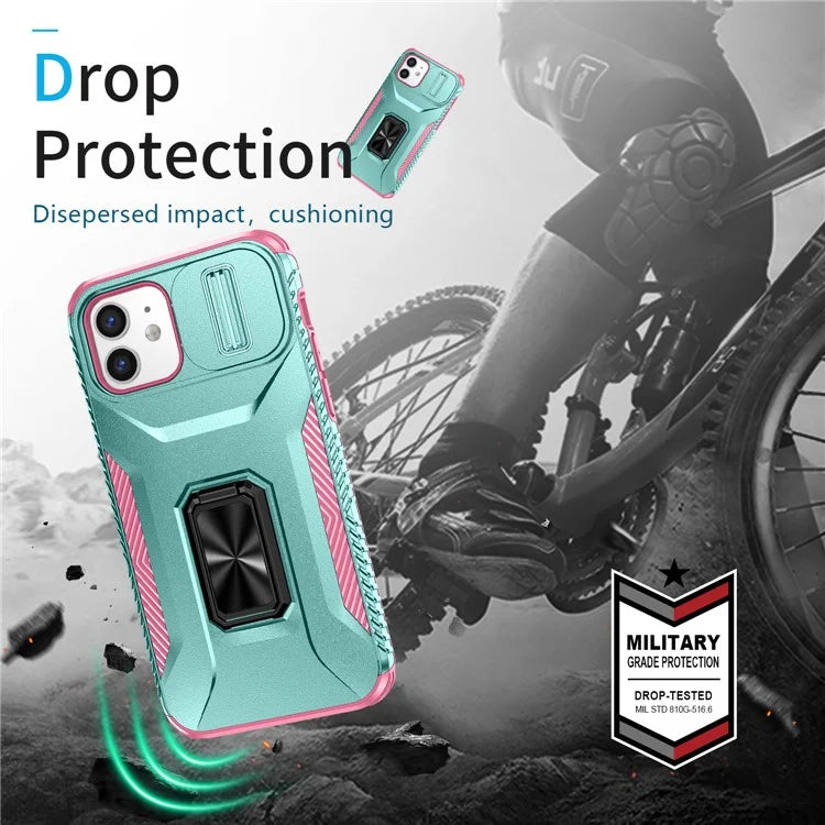Anti-fall Phone Case for iPhone 12 6.1 inch / 12 Pro 6.1 inch Shell Rotate Kickstand Slide Lens Window Cover