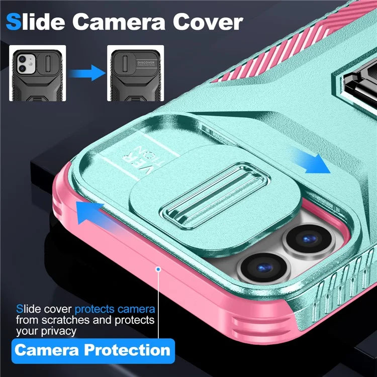 Anti-fall Phone Case for iPhone 12 6.1 inch / 12 Pro 6.1 inch Shell Rotate Kickstand Slide Lens Window Cover