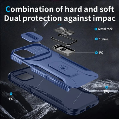 Anti-fall Phone Case for iPhone 12 6.1 inch / 12 Pro 6.1 inch Shell Rotate Kickstand Slide Lens Window Cover