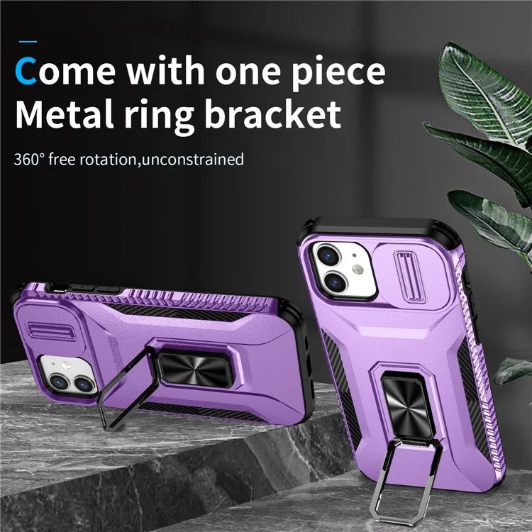 Anti-fall Phone Case for iPhone 12 6.1 inch / 12 Pro 6.1 inch Shell Rotate Kickstand Slide Lens Window Cover