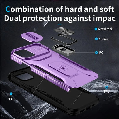 Anti-fall Phone Case for iPhone 12 6.1 inch / 12 Pro 6.1 inch Shell Rotate Kickstand Slide Lens Window Cover
