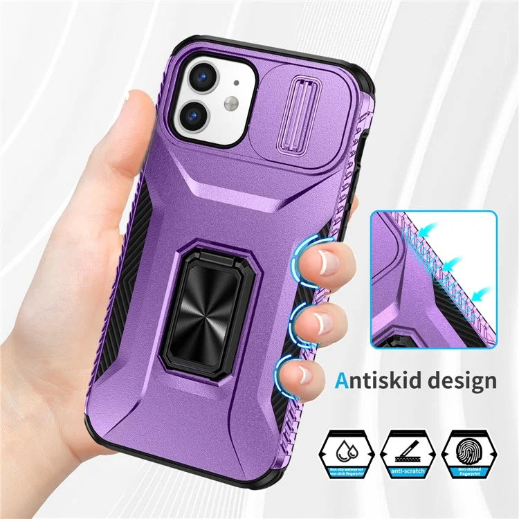 Anti-fall Phone Case for iPhone 12 6.1 inch / 12 Pro 6.1 inch Shell Rotate Kickstand Slide Lens Window Cover