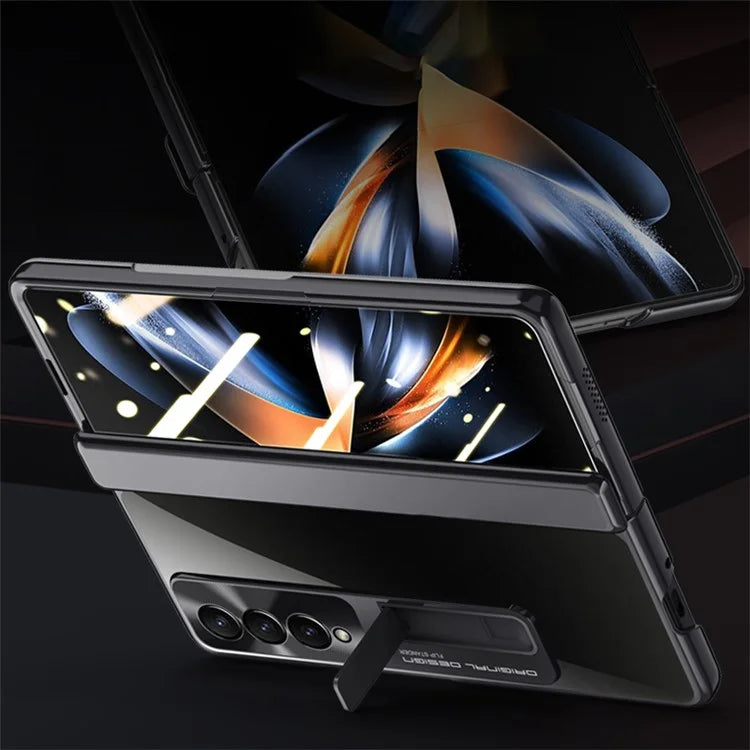 For Samsung Galaxy Z Fold4 5G Phone Case Electroplating Kickstand Cover with HD Clear Screen Protector