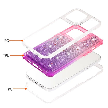 For iPhone 15 Pro Case Gradient Quicksand Liquid Flowing Sparkle TPU+PC Back Cover