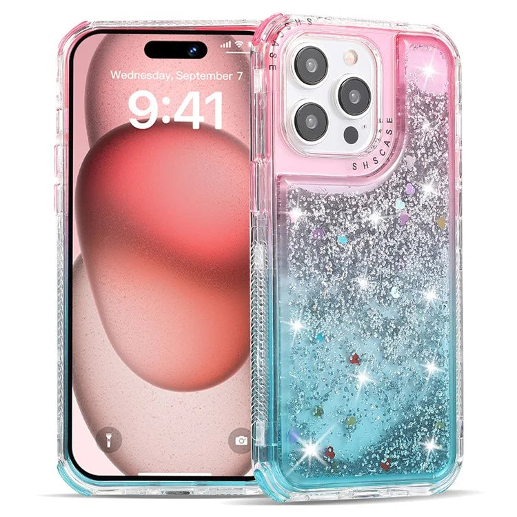For iPhone 15 Pro Case Gradient Quicksand Liquid Flowing Sparkle TPU+PC Back Cover