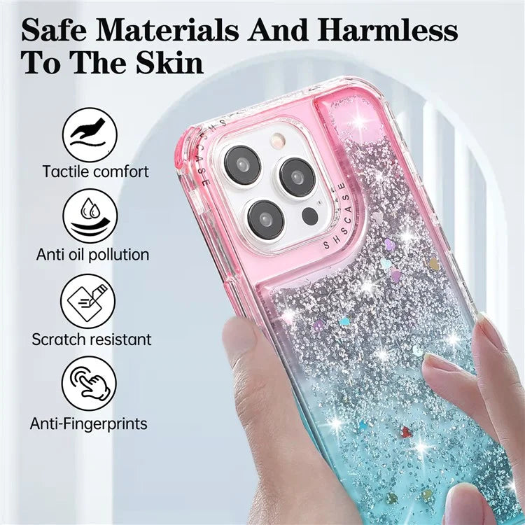 For iPhone 15 Pro Case Gradient Quicksand Liquid Flowing Sparkle TPU+PC Back Cover