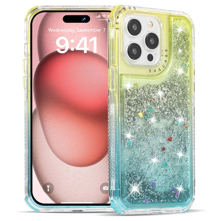 For iPhone 15 Pro Case Gradient Quicksand Liquid Flowing Sparkle TPU+PC Back Cover