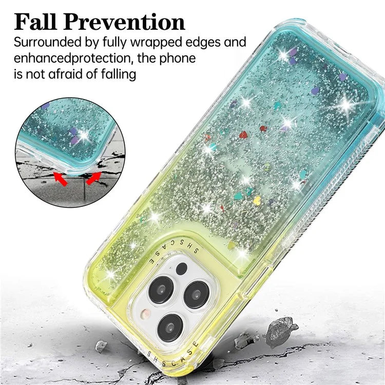 For iPhone 15 Pro Case Gradient Quicksand Liquid Flowing Sparkle TPU+PC Back Cover