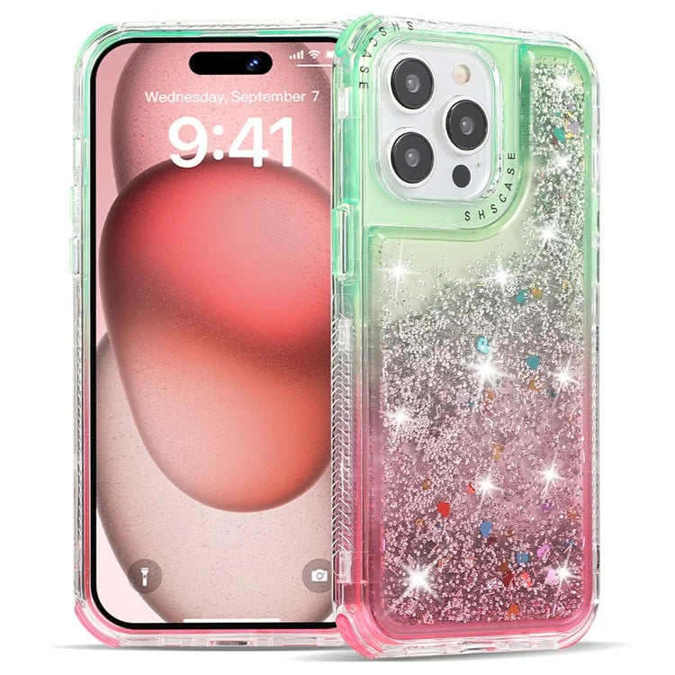 For iPhone 15 Pro Case Gradient Quicksand Liquid Flowing Sparkle TPU+PC Back Cover