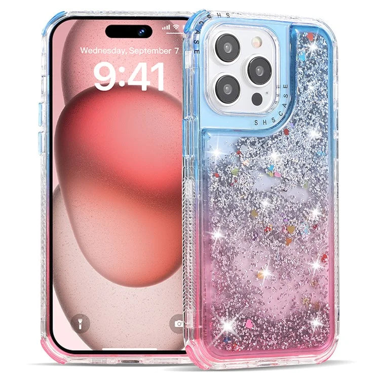 For iPhone 15 Pro Case Gradient Quicksand Liquid Flowing Sparkle TPU+PC Back Cover
