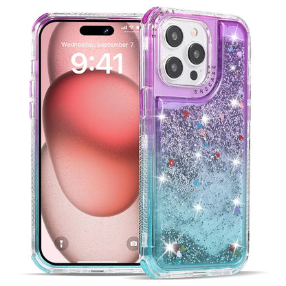 For iPhone 15 Pro Case Gradient Quicksand Liquid Flowing Sparkle TPU+PC Back Cover