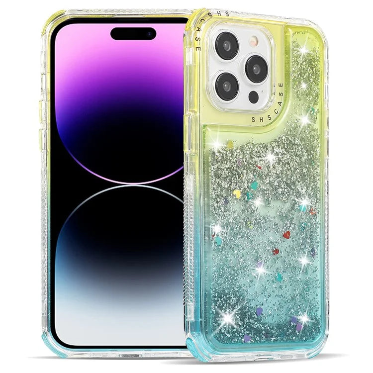For iPhone 14 Pro Max Cell Phone Case Slim-Fit TPU+PC Glitter Gradient Quicksand Back Shell