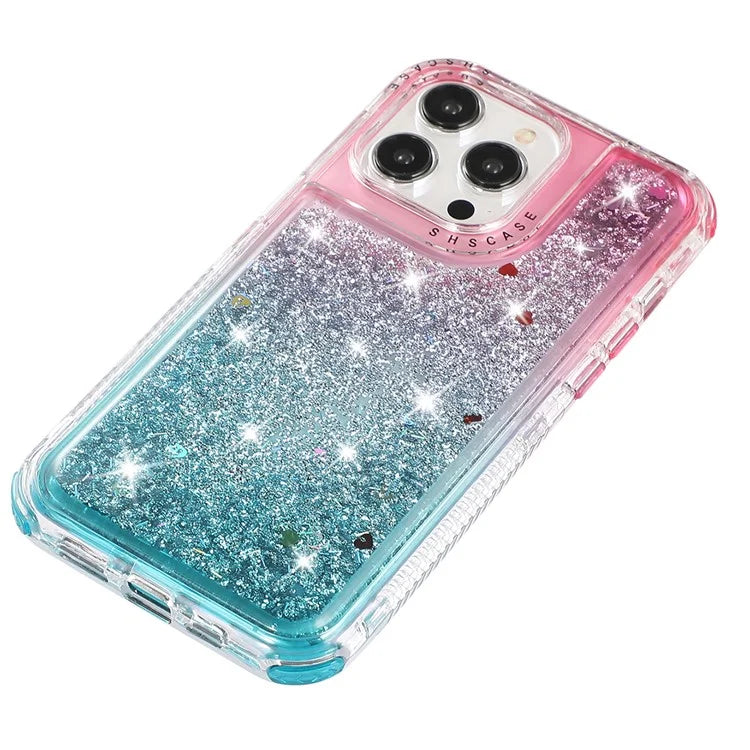 For iPhone 14 Pro Max Cell Phone Case Slim-Fit TPU+PC Glitter Gradient Quicksand Back Shell