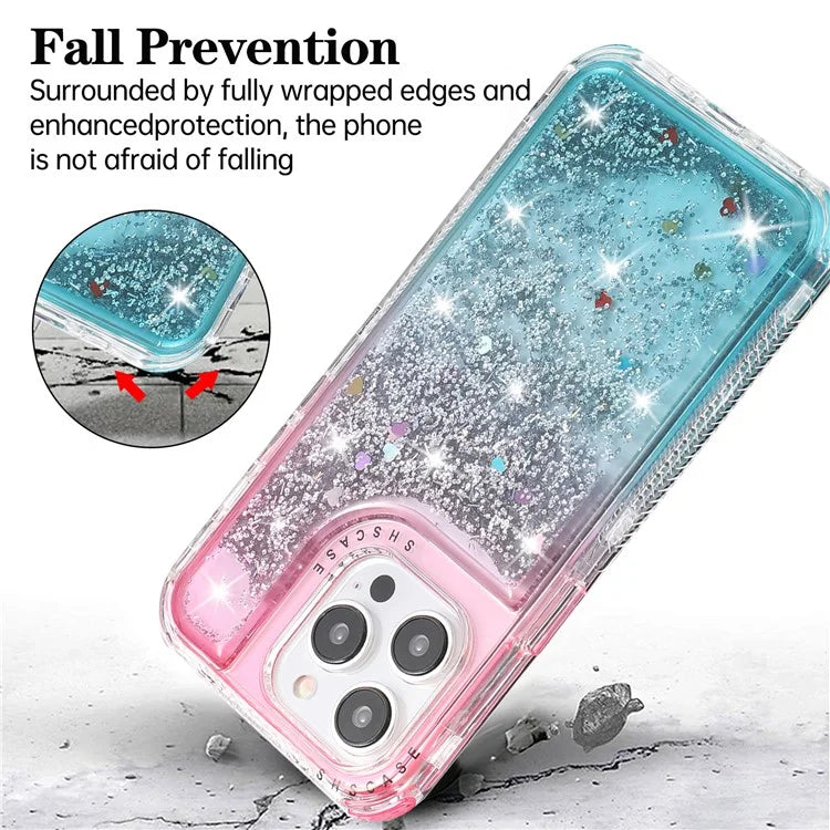For iPhone 14 Pro Max Cell Phone Case Slim-Fit TPU+PC Glitter Gradient Quicksand Back Shell