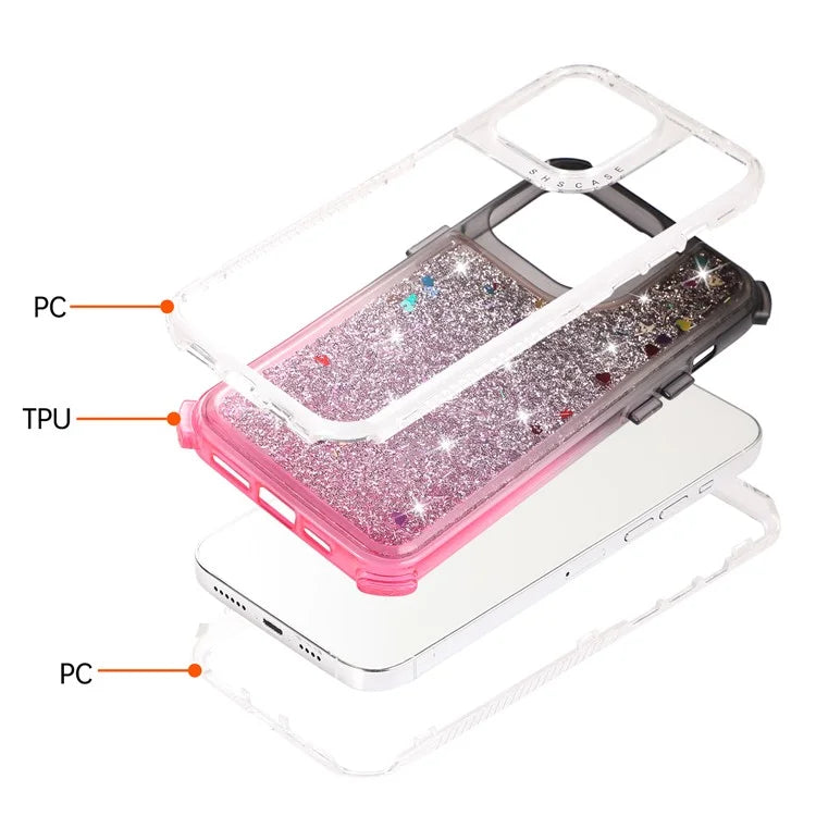 For iPhone 14 Pro Max Cell Phone Case Slim-Fit TPU+PC Glitter Gradient Quicksand Back Shell