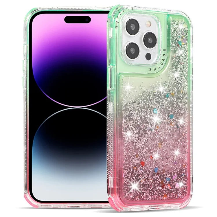 For iPhone 14 Pro Max Cell Phone Case Slim-Fit TPU+PC Glitter Gradient Quicksand Back Shell