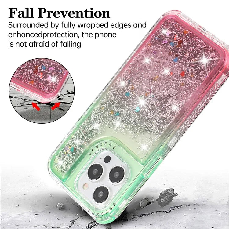For iPhone 14 Pro Max Cell Phone Case Slim-Fit TPU+PC Glitter Gradient Quicksand Back Shell