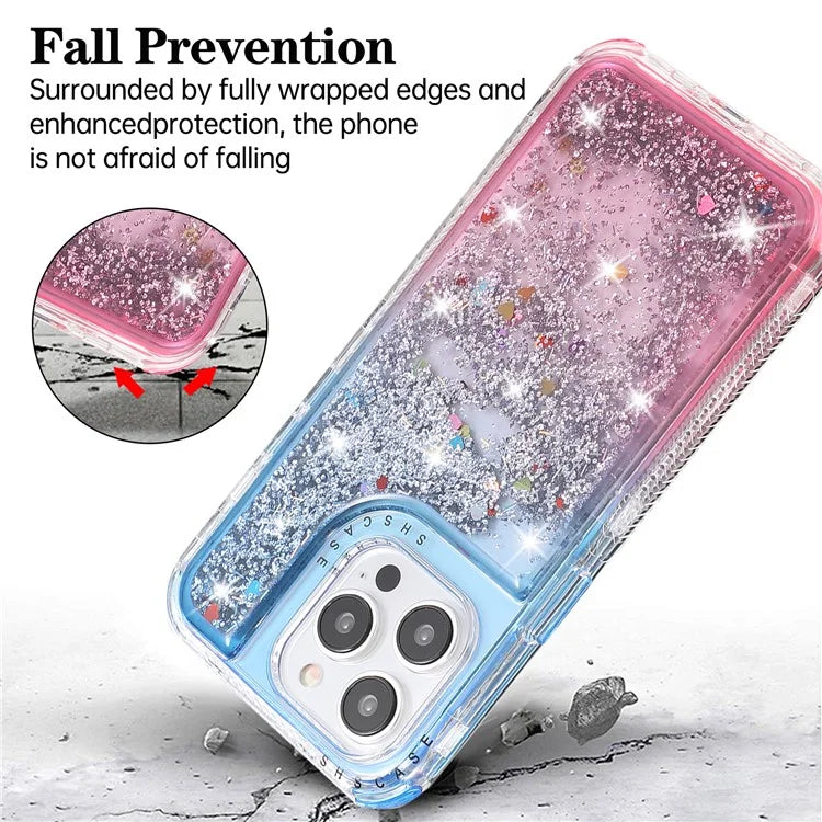 For iPhone 14 Pro Max Cell Phone Case Slim-Fit TPU+PC Glitter Gradient Quicksand Back Shell