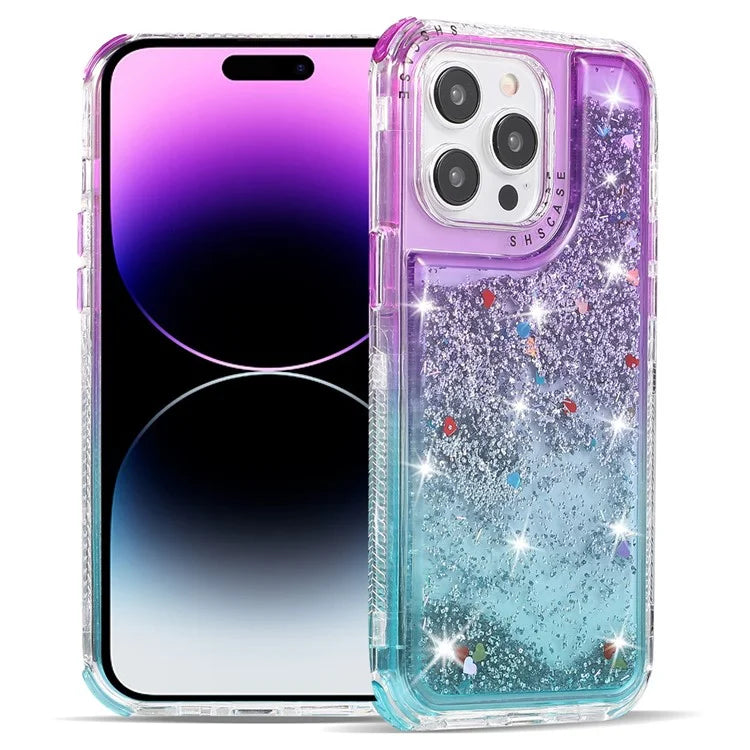 For iPhone 14 Pro Max Cell Phone Case Slim-Fit TPU+PC Glitter Gradient Quicksand Back Shell