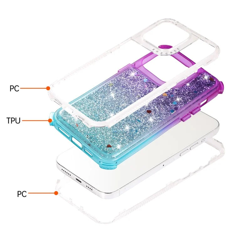 For iPhone 14 Pro Max Cell Phone Case Slim-Fit TPU+PC Glitter Gradient Quicksand Back Shell