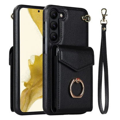 For Samsung Galaxy S23 Cover Ring Kickstand RFID Blocking Card Bag PU+TPU Cell Phone Case