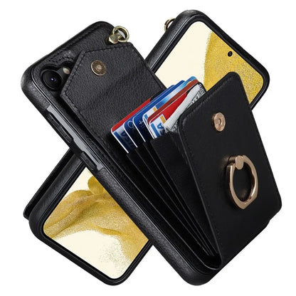 For Samsung Galaxy S23 Cover Ring Kickstand RFID Blocking Card Bag PU+TPU Cell Phone Case