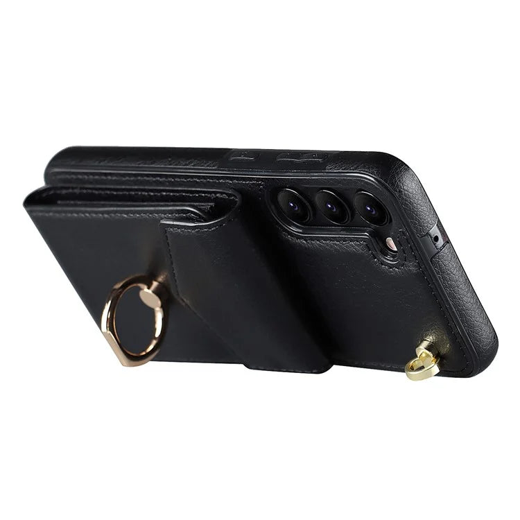 For Samsung Galaxy S23 Cover Ring Kickstand RFID Blocking Card Bag PU+TPU Cell Phone Case