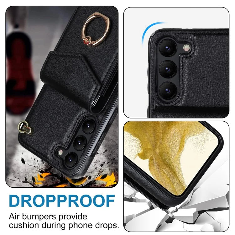For Samsung Galaxy S23 Cover Ring Kickstand RFID Blocking Card Bag PU+TPU Cell Phone Case