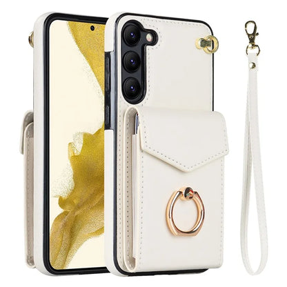 For Samsung Galaxy S23 Cover Ring Kickstand RFID Blocking Card Bag PU+TPU Cell Phone Case