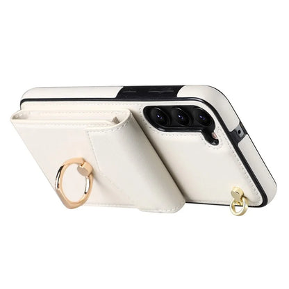 For Samsung Galaxy S23 Cover Ring Kickstand RFID Blocking Card Bag PU+TPU Cell Phone Case