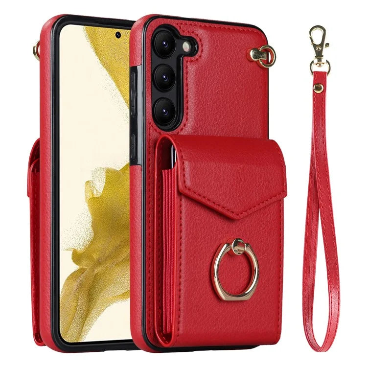 For Samsung Galaxy S23 Cover Ring Kickstand RFID Blocking Card Bag PU+TPU Cell Phone Case