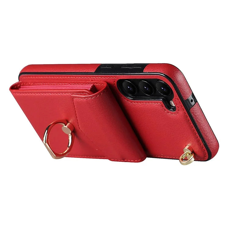 For Samsung Galaxy S23 Cover Ring Kickstand RFID Blocking Card Bag PU+TPU Cell Phone Case