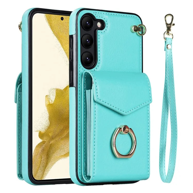 For Samsung Galaxy S23 Cover Ring Kickstand RFID Blocking Card Bag PU+TPU Cell Phone Case