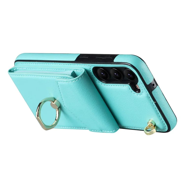 For Samsung Galaxy S23 Cover Ring Kickstand RFID Blocking Card Bag PU+TPU Cell Phone Case