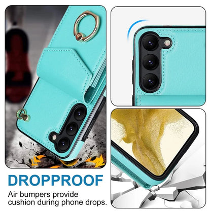 For Samsung Galaxy S23 Cover Ring Kickstand RFID Blocking Card Bag PU+TPU Cell Phone Case