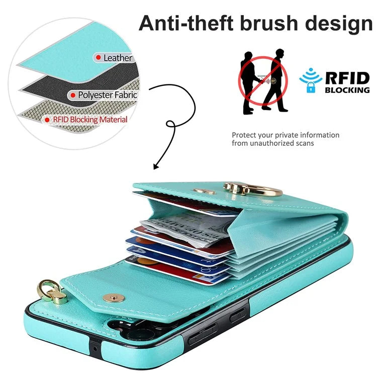 For Samsung Galaxy S23 Cover Ring Kickstand RFID Blocking Card Bag PU+TPU Cell Phone Case