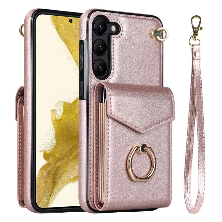 For Samsung Galaxy S23 Cover Ring Kickstand RFID Blocking Card Bag PU+TPU Cell Phone Case
