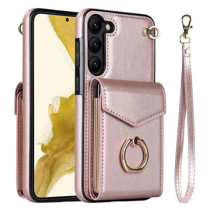 For Samsung Galaxy S23 Cover Ring Kickstand RFID Blocking Card Bag PU+TPU Cell Phone Case