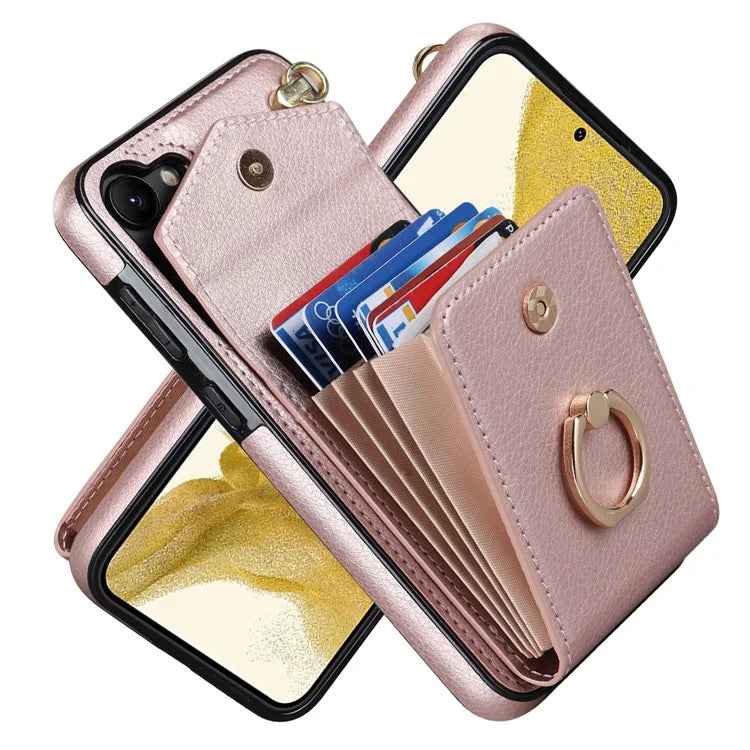 For Samsung Galaxy S23 Cover Ring Kickstand RFID Blocking Card Bag PU+TPU Cell Phone Case