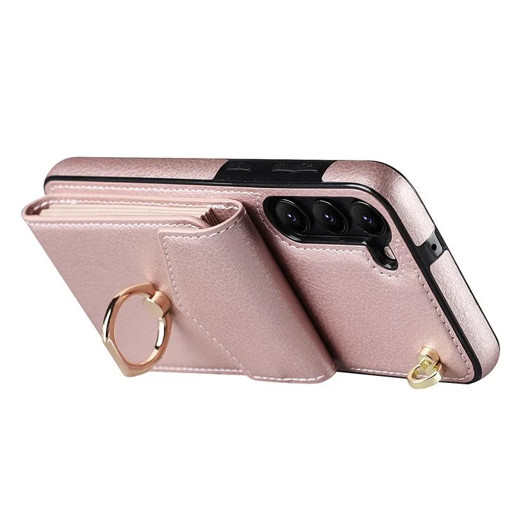 For Samsung Galaxy S23 Cover Ring Kickstand RFID Blocking Card Bag PU+TPU Cell Phone Case