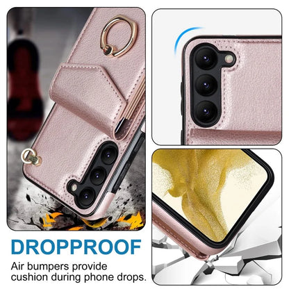 For Samsung Galaxy S23 Cover Ring Kickstand RFID Blocking Card Bag PU+TPU Cell Phone Case