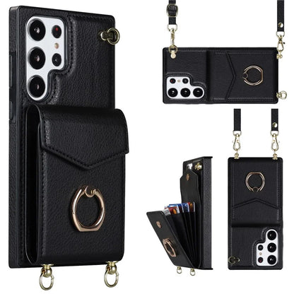 For Samsung Galaxy S22 Ultra 5G Phone Case Ring Kickstand Cover with 2 Straps