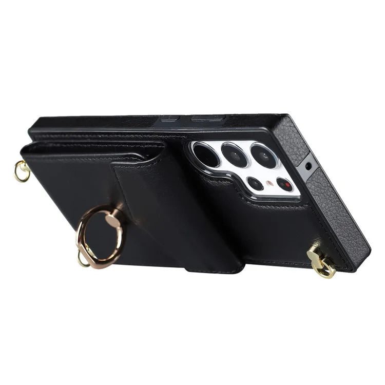 For Samsung Galaxy S22 Ultra 5G Phone Case Ring Kickstand Cover with 2 Straps
