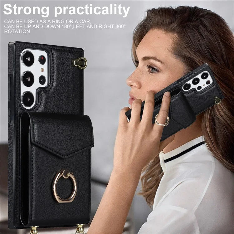 For Samsung Galaxy S22 Ultra 5G Phone Case Ring Kickstand Cover with 2 Straps