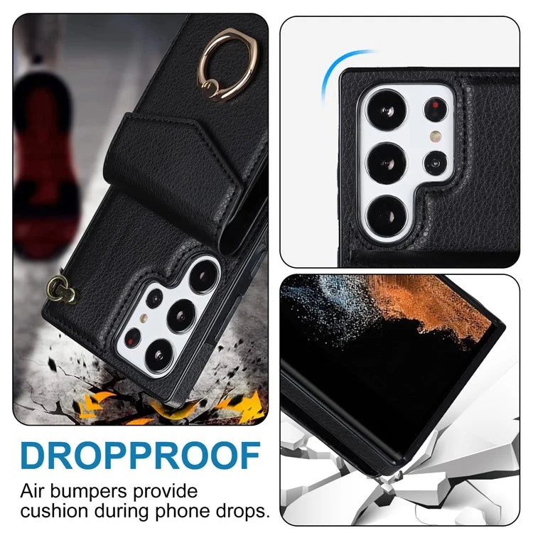 For Samsung Galaxy S22 Ultra 5G Phone Case Ring Kickstand Cover with 2 Straps