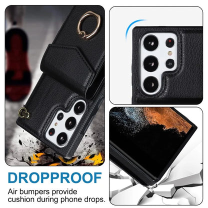 For Samsung Galaxy S22 Ultra 5G Phone Case Ring Kickstand Cover with 2 Straps